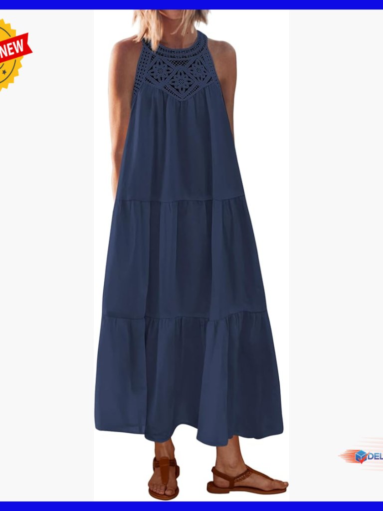 Halter Maxi Dress Hollow Out Sleeveless Boho Sundress Casual Beach